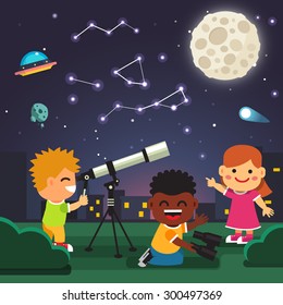 Kids making telescope astronomical observations of star constellations in the starry night with full moon, comet and ufo. Flat style cartoon isolated vector illustration.