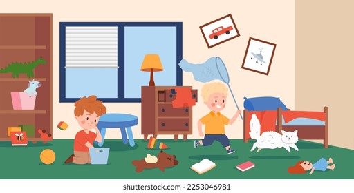 Kids making terrible mess at home while playing, flat vector illustration. Unruled naughty disobedient children making disorder and mess in nursery room.