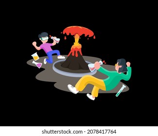 Kids Making A Volcano Project. Flat Vector Illustration