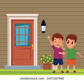 Kids male friends playing and smiling cartoons on house door and wall background scenery ,vector illustration graphic design.