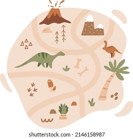 Kids map with cute dinosaurs, tropical palm, volcano, mountains. Vector maze illustration, floor carpet or nursery wall poster. Cartoon dino background for the children game. Jurrasic world print