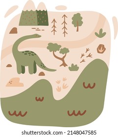 Kids map with cute dinosaurs, tropical palm, mountains. Vector maze illustration, floor carpet or nursery wall poster. Cartoon dino background for the children game. Jurrasic world print