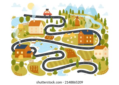 Kids map of cute village for travel adventure vector illustration. Cartoon childish game world with car on countryside road, farm houses, mills and gardens, trees background. Picnic plan concept