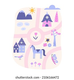 Kids map with magical characters and objects hand-drawn vector illustration. Horse, butterfly, magical house.
