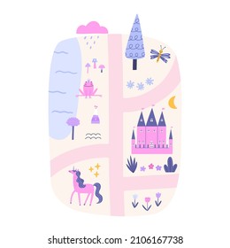 Kids map with magical characters and objects hand-drawn vector illustration. Unicorn, castle, frog prince.