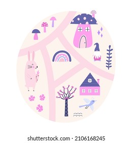 Kids map with magical characters and objects hand-drawn vector illustration. Bunny, rainbow, gnome, mushroom house.