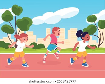 Kids marathon. Cartoon child runners racing sport school competition, speed jogging athlete challenge children cartoon boy girl run to finish on running track vector illustration original artwork