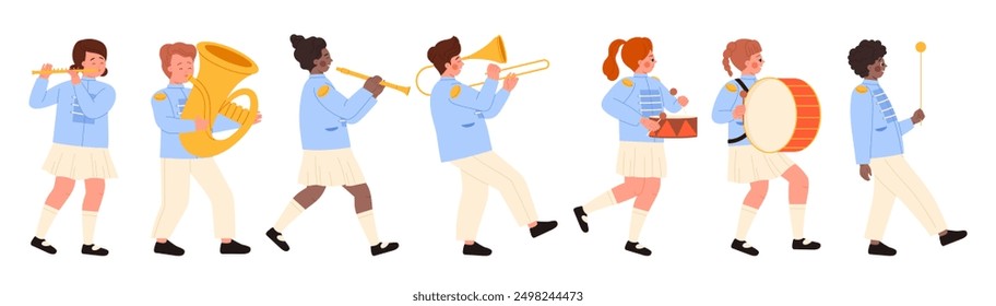 Los niños marchan en el desfile y tocan instrumentos musicales. Niños lindos caminan en línea con trompeta y cuerno, trombón y tambor, músicos felices en uniforme que tocan en la Ilustración vectorial de dibujos animados de la orquesta