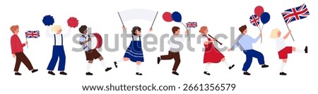 Kids marching with British flags, balloons, and instruments in a festive Trooping the Colour parade, celebrating United Kingdom tradition, isolated on white background vector illustration