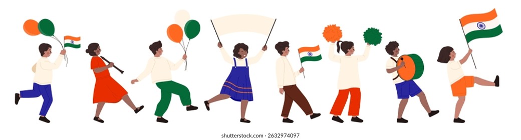 Kids marching with Indian flags, balloons, banners, and drums for Independence Day celebration, showing unity and patriotism, isolated on white background vector illustration