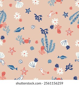 kids marine doodles, beige background, ocean, sea creatures illustration, seashell, coral reef, seamless pattern, repeat, print textile, clothing, fabric vector artwork