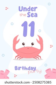 Kids' marine-themed eleventh birthday invitation. Charming under-the-sea card with a red crab and pink corals in light colors