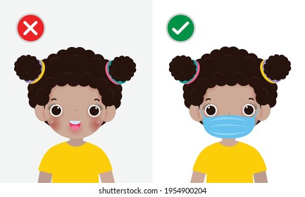 Kids mark protective No Entry Without Face Mask or Wear a Mask Icon, yes no sign with children wearing or not wearing a mask is correct and incorrect, isolated on white background vector illustration