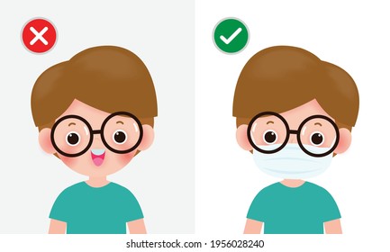 Kids mark protective No Entry Without Face Mask or Wear a Mask Icon, yes no sign with children wearing or not wearing a mask is correct and incorrect, isolated on white background vector illustration