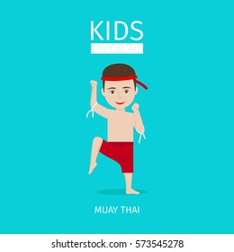 Kids Martial Art Vector Illustration. Muay Thai Boy On Blue Background