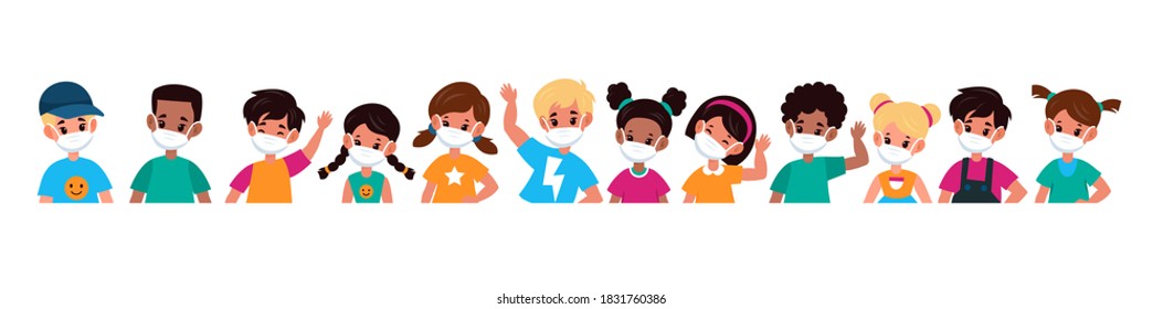 Kids With Mask. Children In Medical Masks For Protect Disease, Flu, Smog And Covid-19. Multiethnic Group Boys And Girls Stop Spread Viruses In School, Beware Epidemic Cartoon Flat Vector Illustration