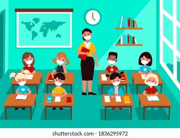 Kids In Mask In Classroom. Social Distancing Multicultural Children And Teacher With Medical Masks In School Class, Stop Spread Covid-19, Virus Protection Beware Epidemic Cartoon Flat Vector Concept