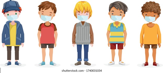 Kids mask full body set. Little boy wear face mask protect virus.  Protect dust PM 2.5. Social distancing concept. Vector cartoon characters and illustrations isolated on white background.