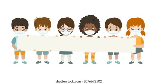 Kids in mask holding empty long banner. Cartoon children stand and hold blank placard. Schoolchildren in a pandemic.