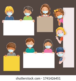 kids mask holding sing. Holding an empty paper For entering your message. Little boy and little boywear face mask protect virus.  Protect dust PM 2.5. Social distancing concept. Vector cartoon.