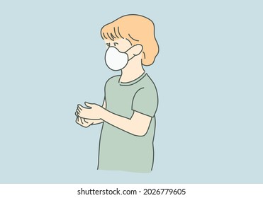 Kids mask . Little boy a wear face mask protect virus. Protect dust PM 2.5. Social distancing concept. Vector cartoon characters and illustrations 