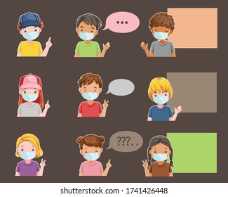 
Kids mask point and speak holding sing. Holding an empty paper For entering your message. Little boy and little boywear face mask protect virus.  Protect dust PM 2.5. Social distancing concept.