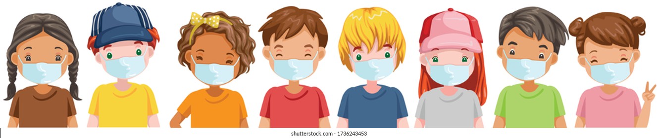 Kids mask set. Little boy and little girl wear face mask protect virus.  Protect dust PM 2.5. Social distancing concept. Vector cartoon characters and illustrations isolated on white background.