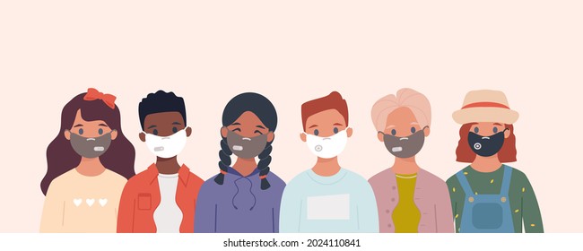 Kids mask set. Little boys and little girls wear face mask protect virus. Social distancing concept. Cartoon children characters and illustrations isolated on white background. Vector illustration