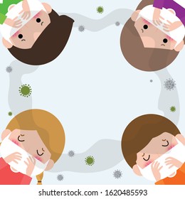 kids in masks because of fine dust PM 2.5, boy and girl wearing mask against smog. Fine dust, air pollution, industrial smog protection concept flat style design vector illustration.