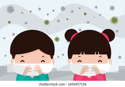 kids in masks because of fine dust PM 2.5, boy and girl wearing mask against smog. Fine dust, air pollution, industrial smog protection concept flat style design vector illustration