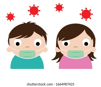 kids in masks because of fine dust PM 2.5, boy and girl wearing mask against smog. Fine dust, air pollution, industrial smog protection concept flat style design vector illustration