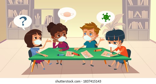 Kids in masks at school or kindergarten during coronavirus epidemic. Multiracial children sitting around of table painting and chatting in library room with bookcases, Cartoon vector illustration