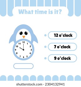 Kids matching game. Time, hours, minutes. Worksheet for preschool kids. Learning clock.  
