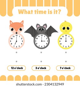 Kids matching game. Time, hours, minutes. Worksheet for preschool kids. Learning clock.  