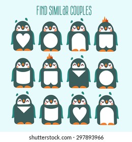 Kids match-up cute play. Find six pair of similar characters. Game with funny cartoon penguins for your design. Visual puzzle to match