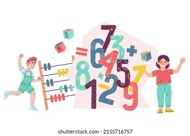 Kindermathematikunterricht und Schulmathematik, flache Vektorgrafik einzeln auf weißem Hintergrund. Kinder, die mathematisch lernen, zählen und Logikspiele spielen.