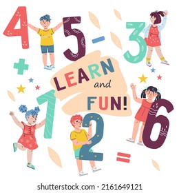 Kids math education banner or poster template with children learning learning numbers, count and mathematics. Education and early development concept for school and kindergarten.