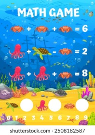 Jogo de matemática para crianças, paisagem subaquática e animais marinhos. Planilha de charada de matemática vetorial para educação infantil e aprendizagem aritmética. Desenvolvimento de habilidades de cálculo de adição e subtração