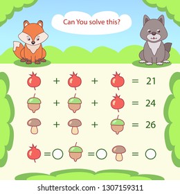 Kids mathematical count game. Matching task with cute fox and wolf. Can You solve this? Children funny riddle exercise. Find right answer. Mathematics vector activity page and game.