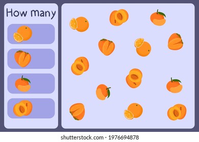Kids mathematical mini game - count how many fruits - orange, persimmon, tangerine, apricot. Educational games for children. Cartoon design template on colorful backdrop. Vector graphic.