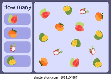 Kids mathematical mini game - count how many fruits - guava, tangerine, dragon fruit, mango. Educational games for children. Cartoon design template on colorful backdrop. Vector graphic.