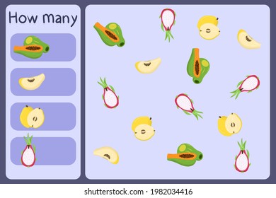 Kids mathematical mini game - count how many fruits - papaya, dragon fruit, quince. Educational games for children. Cartoon design template on colorful backdrop. Vector graphic.