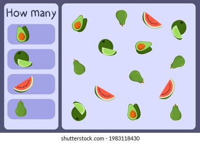Kids mathematical mini game - count how many fruits - avocado, lime, watermelon, pear. Educational games for children. Cartoon design template on colorful backdrop. Vector graphic.