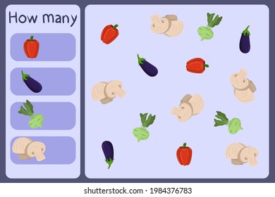 Kids mathematical mini game - count how many vegetables - pepper, eggplant, kohlrabi, mushroom. Educational games for children. Cartoon design template on colorful backdrop. Vector graphic.