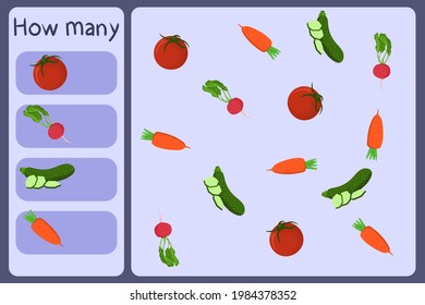 Kids mathematical mini game - count how many vegetables - tomato, radish, zucchini, carrot. Educational games for children. Cartoon design template on colorful backdrop. Vector graphic.