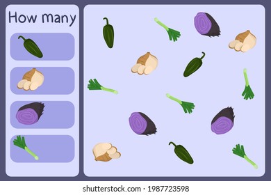 Kids mathematical mini game - count how many vegetables - jalapeno, jicama, ube, leek. Educational games for children. Cartoon design template on colorful backdrop. Vector graphic.