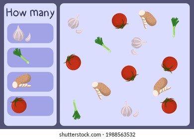 Kids mathematical mini game - count how many vegetables - garlic, leek, yam, tomato. Educational games for children. Cartoon design template on colorful backdrop. Vector graphic.