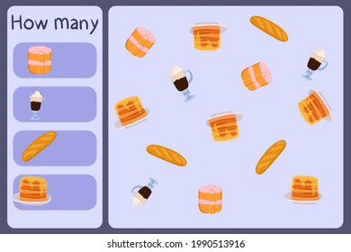 Kids mathematical mini game - count how many foods - cake, coffee, baguette, pancake. Educational games for children. Cartoon design template on colorful backdrop. Vector graphic.