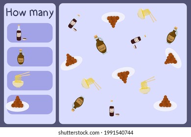Kids mathematical mini game - count how many foods - soy sauce, vinegar, noodle, meatball. Educational games for children. Cartoon design template on colorful backdrop. Vector graphic.