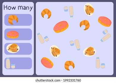 Kids mathematical mini game - count how many foods - croissant, donut, toast, milk. Educational games for children. Cartoon design template on colorful backdrop. Vector graphic.
